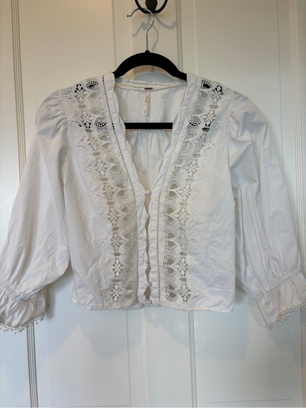 Free People White Lace-Trim Peasant Blouse
